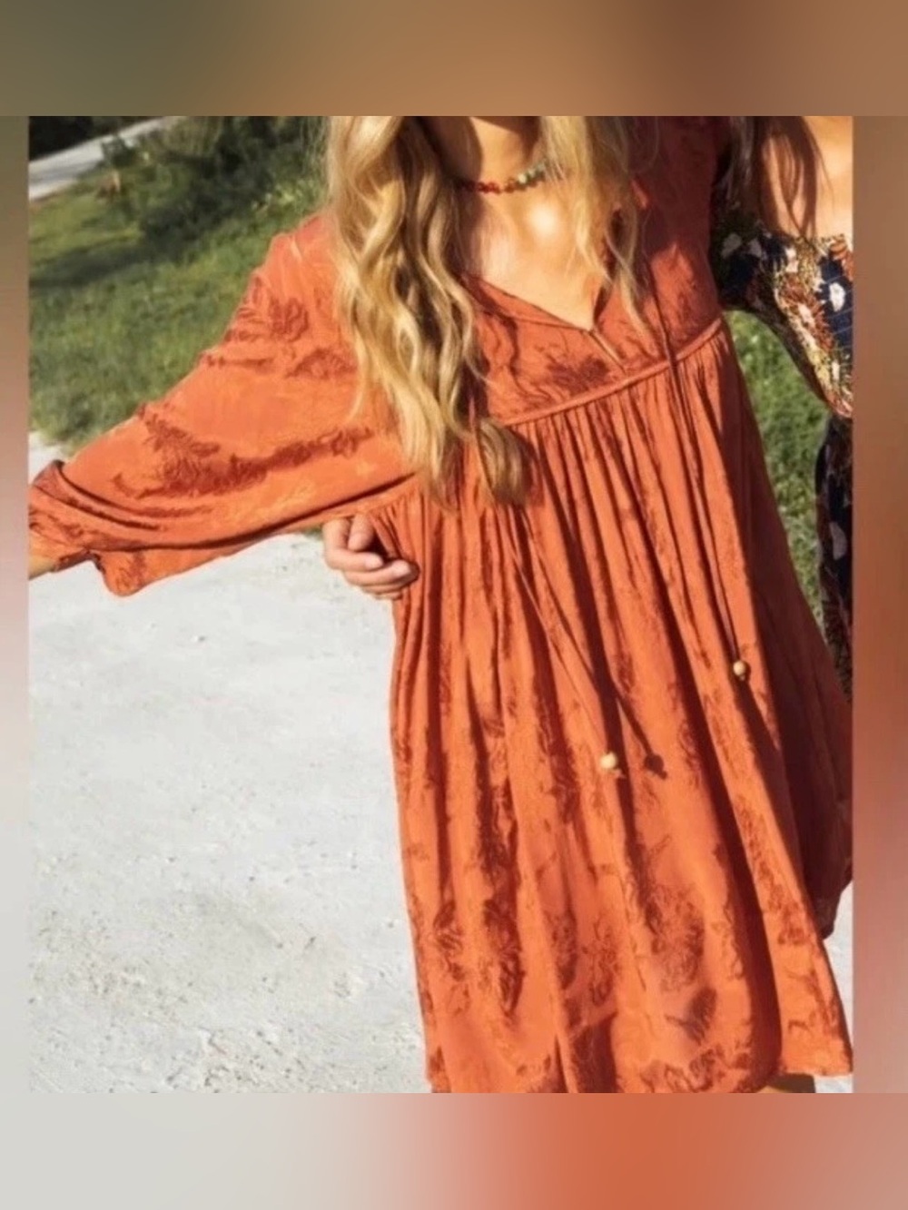 Natural life boho flowy indie rust color fall oversized tunic dress beaded XL
